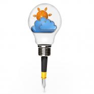 Graphic of sun and cloud inside bulb with pen stock photo