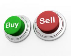 Green and red buttons with buy and sell concept stock photo