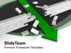 Green arrow breaking wall target completion powerpoint templates ppt themes and graphics 0113