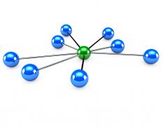 Green ball connected to so many blue balls show network stock photo
