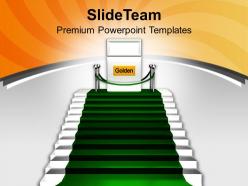 Green carpet on stairs reaching golden powerpoint templates ppt themes and graphics 0213