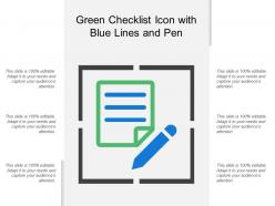 Green checklist icon with blue lines and pen