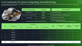 Green Cloud Computing Cost Summary For Green Computing Manufacturing Ppt Inspiration