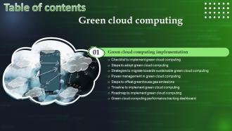Green Cloud Computing Table Of Contents Ppt Powerpoint Presentation File Visual Aids