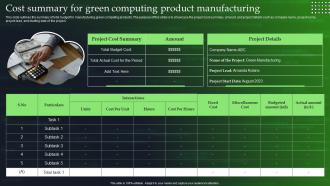 Green Cloud Computing V2 Cost Summary For Green Computing Product Manufacturing