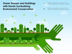 Green houses and buildings with hands symbolizing environment conservation