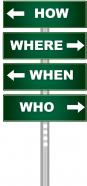 Green signpost with multiple question words stock photo