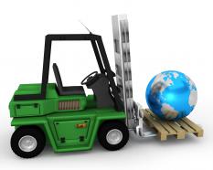 Green transport truck with globe stock photo