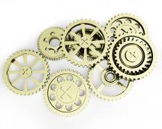 Group of gears working together stock photo