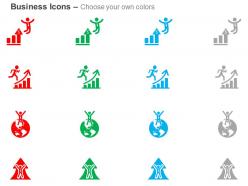 Growing business reach top person on top of world growth arrow ppt icons graphic