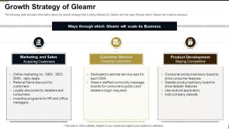 Growth strategy of gleamr investor funding elevator pitch deck