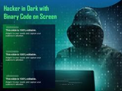 Hacker in dark with binary code on screen