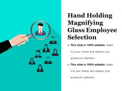 Hand holding magnifying glass employee selection presentation images