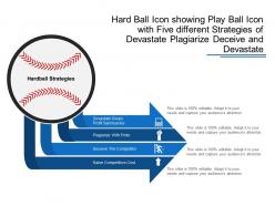 Hardball icon showing play ball icon with five different strategies of devastate plagiarize deceive and devastate