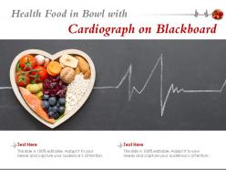 Health food in bowl with cardiograph on blackboard