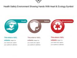 Health safety environment showing hands with heart and ecology symbol