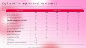 Healthy Skincare Cosmetic Key Financial Assumptions For Skincare Start Up BP SS