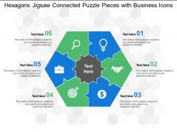 Hexagons jigsaw connected puzzle pieces with business icons