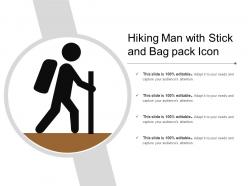 Hiking man with stick and bag pack icon