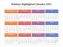 Holidays highlighted calendar 2021