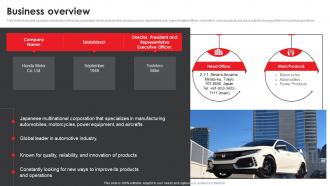 Honda Company Profile Business Overview Ppt Show Graphics Example CP SS