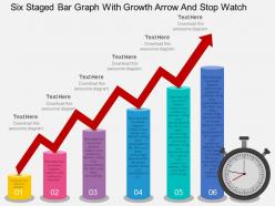 Hq six staged bar graph with growth arrow and stop watch flat powerpoint design