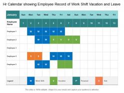 Hr calendar showing employee record of work shift vacation and leave