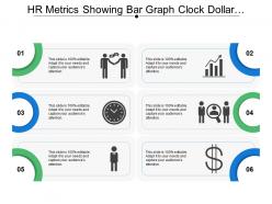 Hr Metrics Showing Bar Graph Clock Dollar And Man Shaking Hands