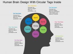 Human brain design with circular tags inside flat powerpoint design