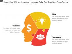 Human face with idea innovation handshake dollar sign team work group puzzles