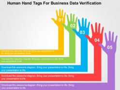 Human hand tags for business data verification flat powerpoint design