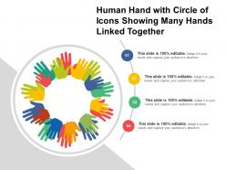 Human hand with circle of icons showing many hands linked together