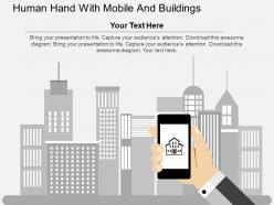 Human hand with mobile and buildings flat powerpoint design