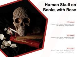 Human skull on books with rose