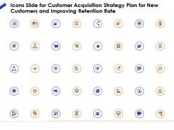 Icons slide for customer acquisition strategy plan for new customers and improving retention rate ppt file formats