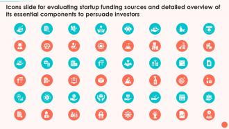 Icons Slide For Evaluating Startup Funding Sources And Detailed Overview Of Its Essential Components