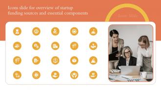 Icons Slide For Overview Of Startup Funding Sources And Essential Components