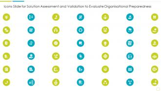 Icons slide for solution assessment and validation to evaluate organisational preparedness
