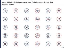 Icons slide for solution assessment criteria analysis and risk severity matrix
