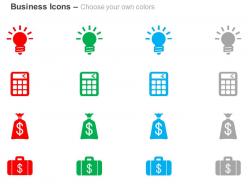 Idea bulb currency calculator suitcase ppt icons graphics