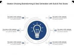 Ideation showing brainstorming and idea generation with bulb and text boxes