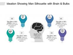 Ideation showing man silhouette with brain and bulbs