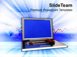 Illustration depicting brass key on laptop powerpoint templates ppt themes and graphics