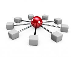 Illustration of network with computers and red balls stock photo
