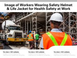 Image of workers wearing safety helmet and life jacket for health safety at work