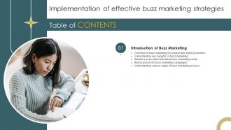 Implementation Of Effective Buzz Marketing Strategies For Table Of Contents Ppt Ideas Grid