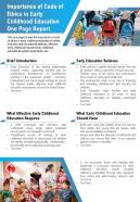 Importance of code of ethics in early childhood education one page report report infographic ppt pdf document