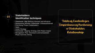 Importance Of Nurturing A Stakeholder Relationship Techniques Table Of Contents Ppt Slides Infographic