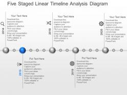 In five staged linear timeline analysis diagram powerpoint template