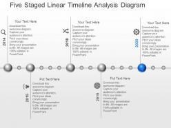 In five staged linear timeline analysis diagram powerpoint template